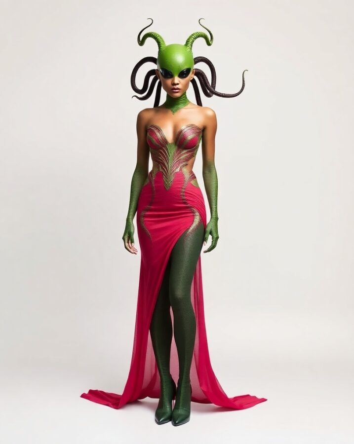 A lady dressed in an avant-garde alien-human hybrid haute couture alien invasion outfit.