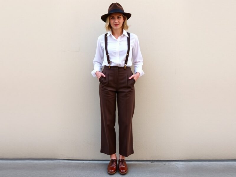 A lady dressed in an androgynous indie fashion look.