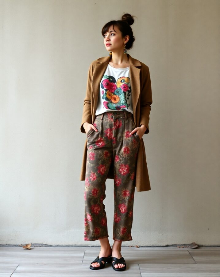 A lady dressed in an artistic indie fashion look.