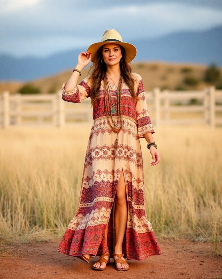 A lady dressed in a bohemian-inspired indie fashion look.