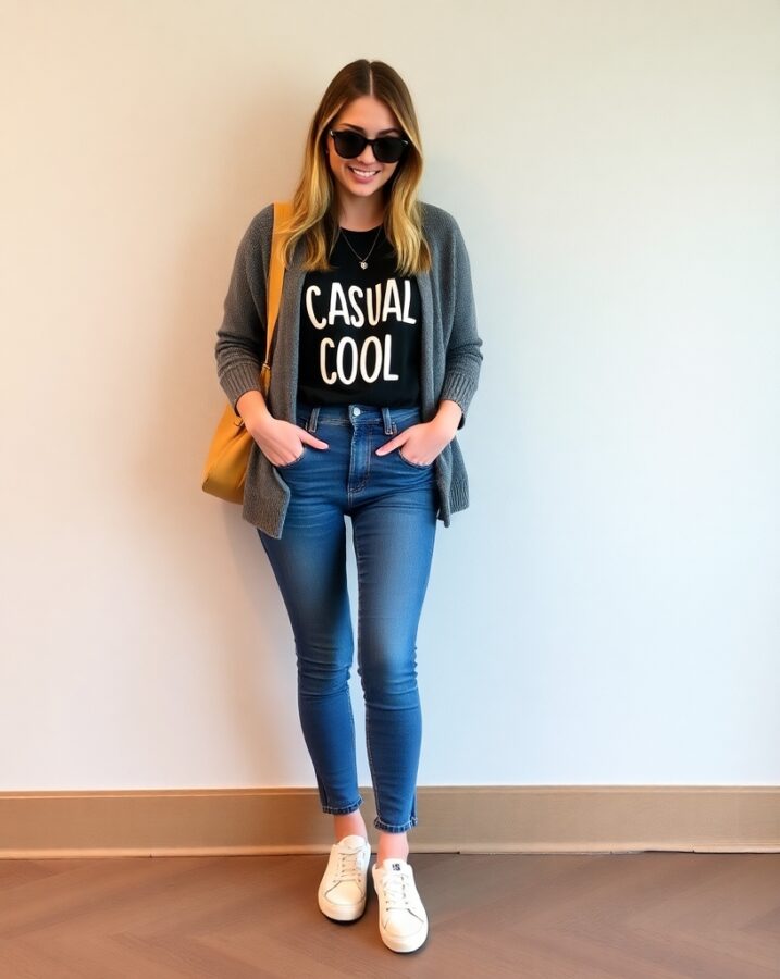 A lady dressed in a casually cool outfit perfect for back-to-school.