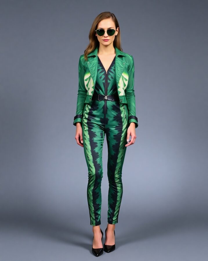 A lady dressed in a Chameleon Couture alien invasion outfit.