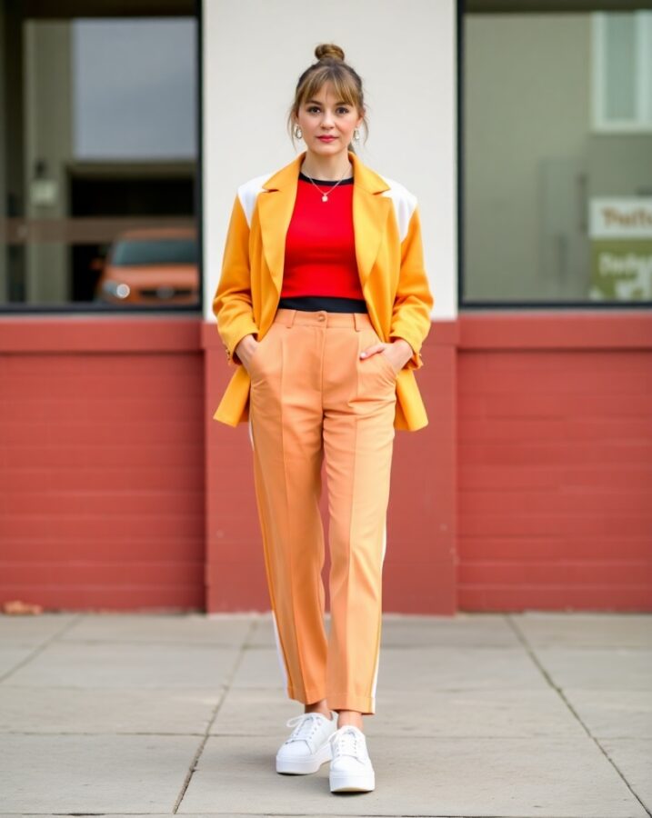 A lady dressed in a colorblock indie fashion look.