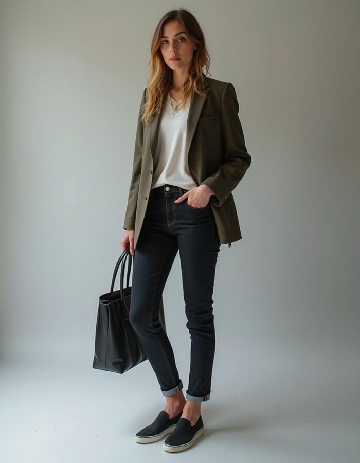 Smart casual outfit, featuring blue jeans, a fitted blazer, and stylish sneakers.