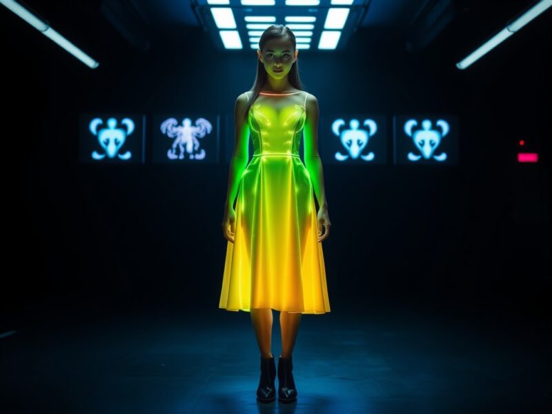 A lady dressed in a futuristic Digital Display Dress, a dazzling and dynamic alien invasion outfit 