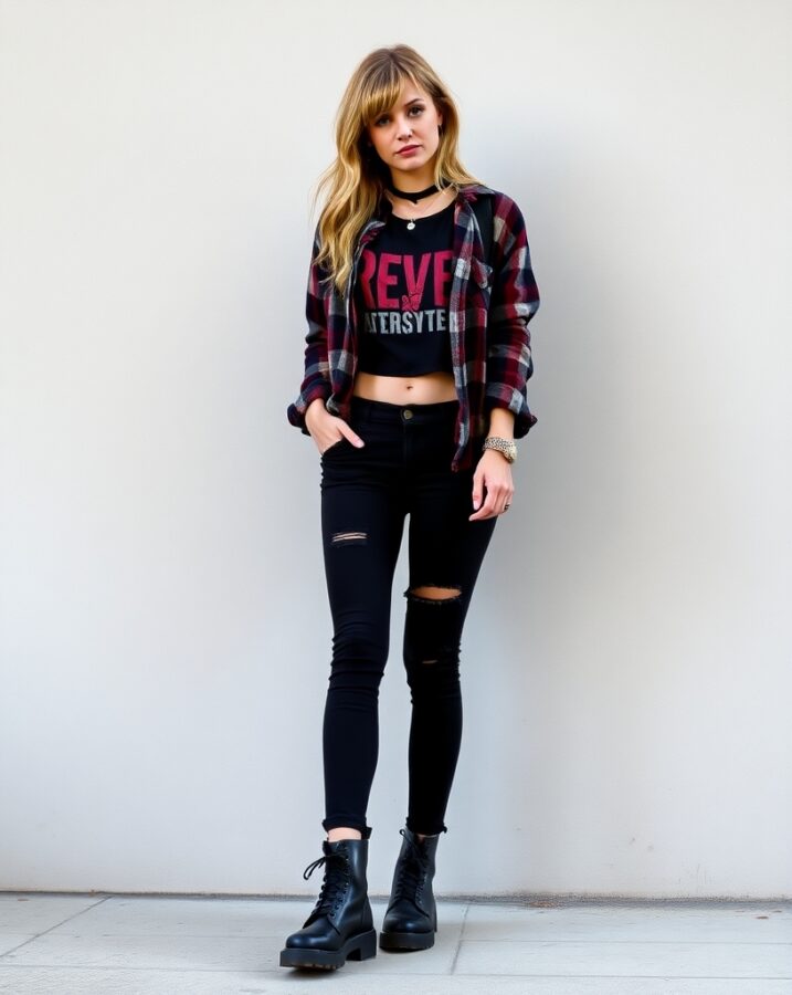 A lady dressed in a grunge-inspired indie fashion look.