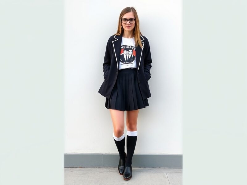 A lady dressed in an indie prep school-inspired fashion look.