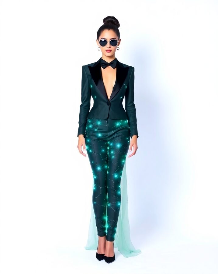 A lady dressed in an elegant and futuristic outfit, perfect for an intergalactic gala.