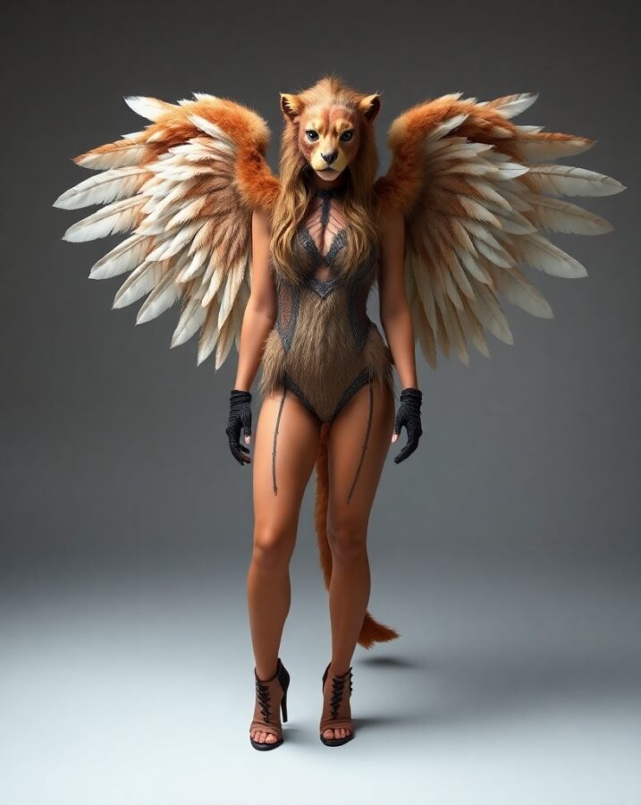 A lady dressed in a majestic Griffin-inspired outfit.