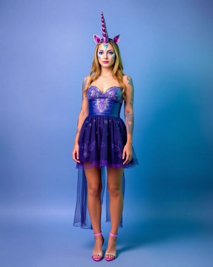 A lady dressed in a majestic unicorn-inspired outfit.