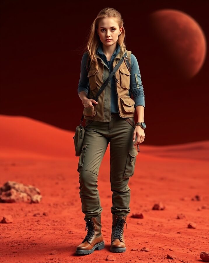 A lady dressed in an adventurous outfit, ready to explore a Martian landscape.