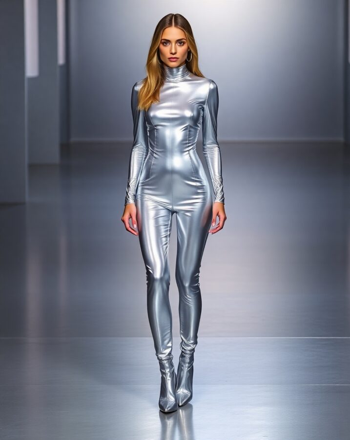 A lady dressed in a dazzling, metallic outfit perfect for an alien invasion. 