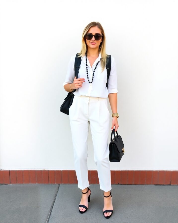 A lady dressed in a stylish monochrome outfit perfect for back-to-school.