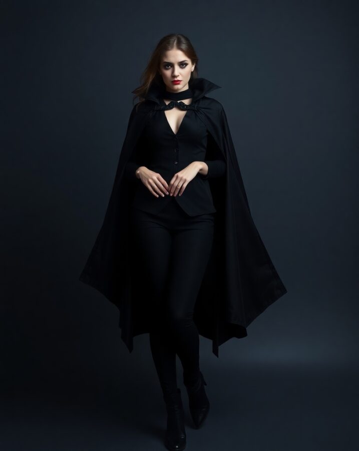 A lady dressed in a mysterious vampire-inspired outfit.