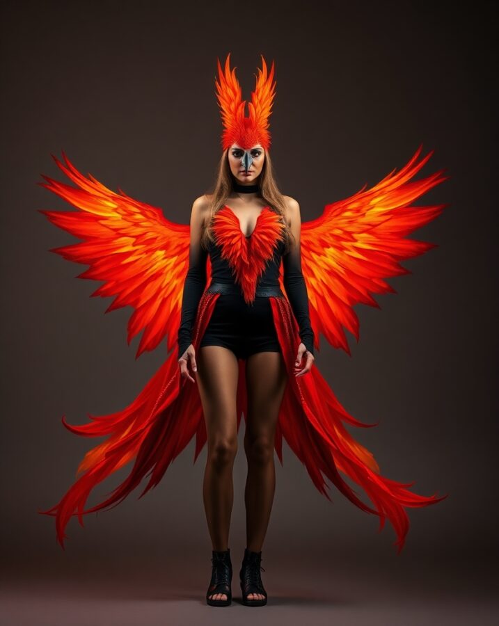 A lady dressed in a powerful Phoenix-inspired outfit.