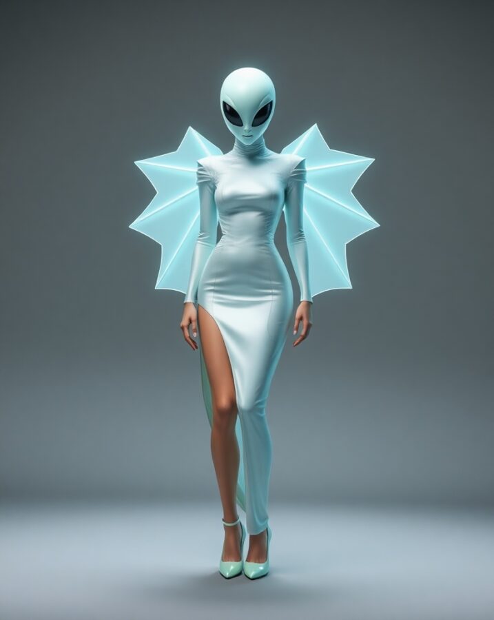 A lady dressed in a Shape-Shifting Streetwear alien invasion outfit, ready for any unexpected encounter.