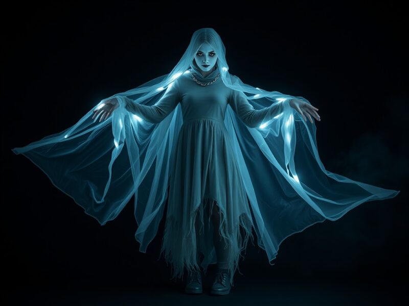 A lady dressed in a spectral, ethereal outfit, inspired by ghostly legends.