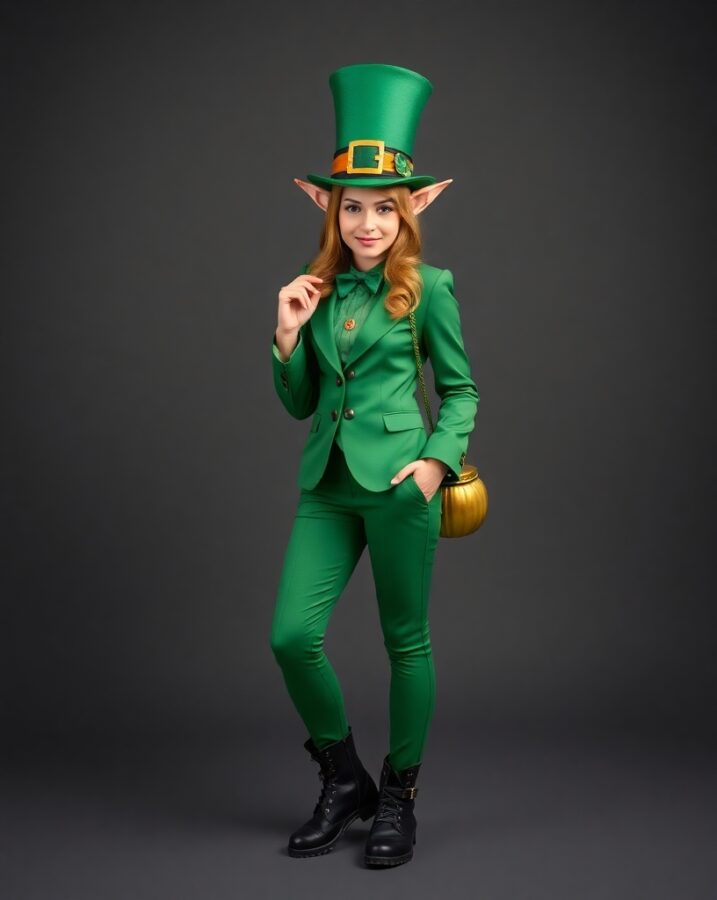 A lady dressed in a mischievous, green-hued outfit, inspired by legendary leprechauns.