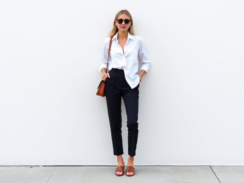 A lady dressed in a chic 90s minimalist outfit, effortlessly stylish and timeless.