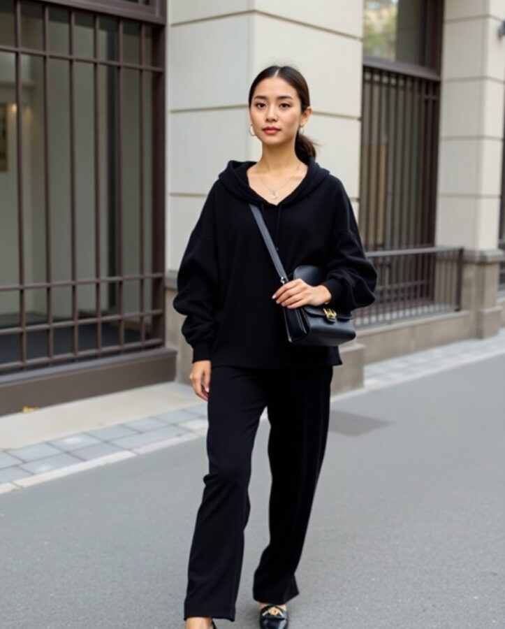 A bold all-black streetwear outfit featuring a fitted hoodie, matching pants, and stylish sneakers. The look is elevated by a statement bag, adding a pop of personality to the ensemble.