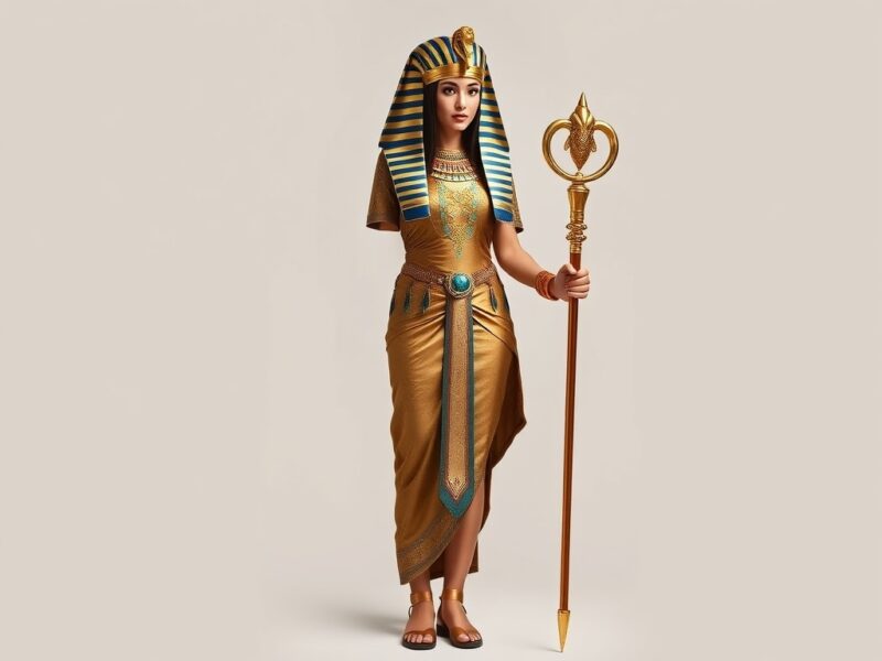 A lady adorned in intricate Ancient Egyptian Pharaoh attire, complete with a majestic headdress and ornate jewelry.