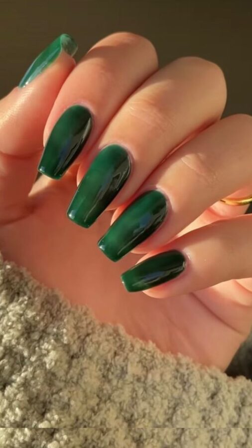 A set of press-on nails in a deep forest green color, designed for a sophisticated and elegant look. #pressonnails #forestgreennails #apresfinesse