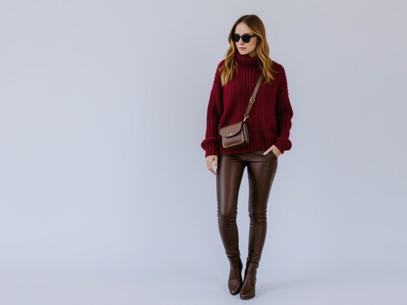 A lady dressed in a stylish outfit featuring a luxurious handcrafted knit sweater paired with elegant leather accents.