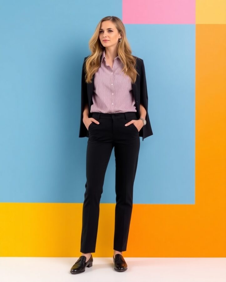 Practical yet stylish outfit featuring a button-down shirt, dark chinos, and closed-toe shoes, perfect for a clean and professional lab-ready look.