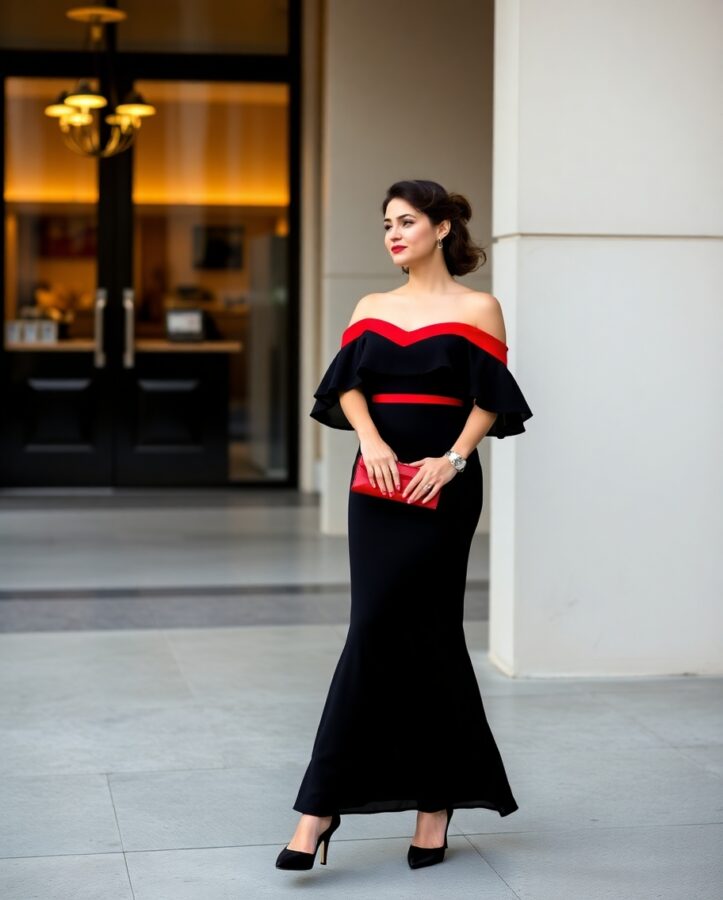 A lady dressed in a black and red off-shoulder dress with a retro glamour vibe