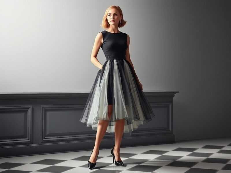 A lady in an Elegant black and white dress with a retro glamour vibe, featuring a fitted bodice, contrasting details, and a voluminous tulle skirt for a dramatic 'dress to impress' look.