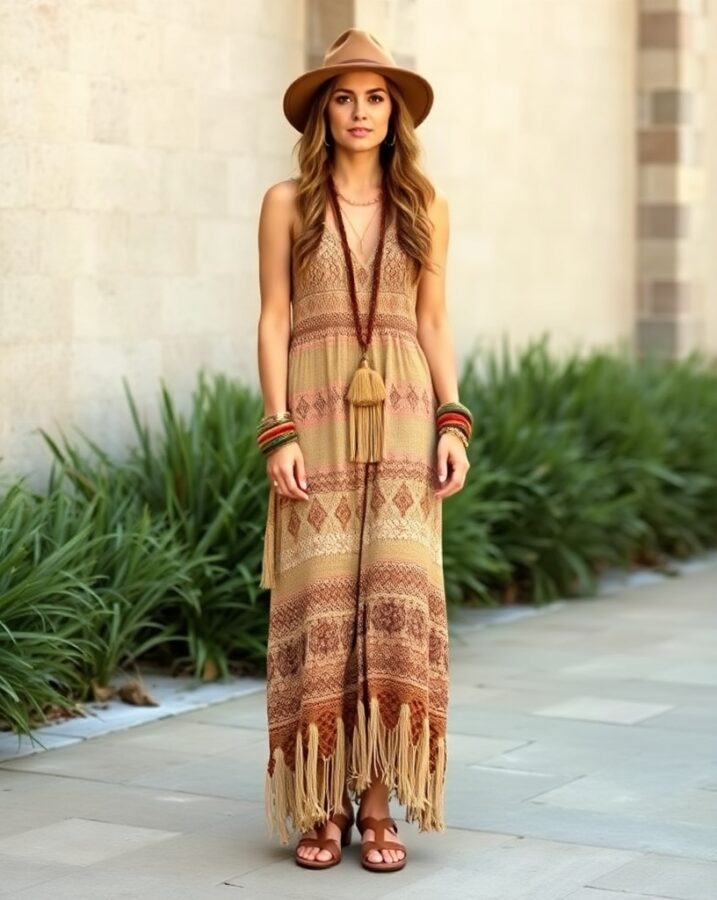 A lady dressed in a flowing, bohemian-inspired 70s outfit, perfect for a summer festival.