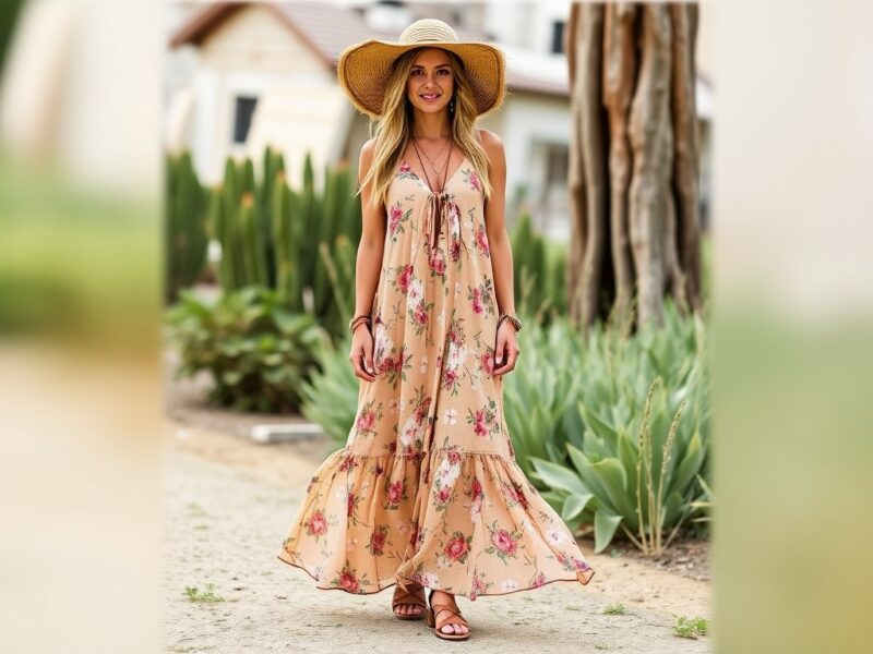 A lady dressed in a flowing floral Acubi maxi dress, embracing the free-spirited bohemian chic aesthetic.