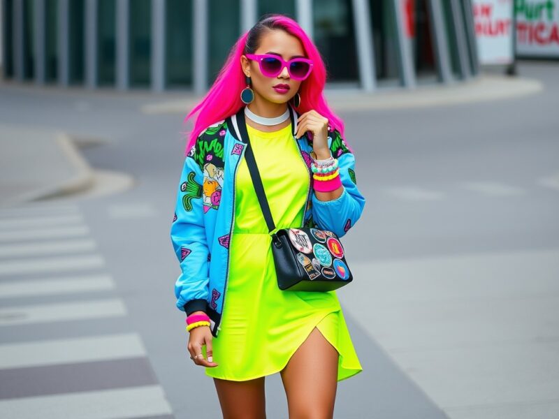 a lady dressed in Bold Neon Street Decora, showcasing a vibrant and energetic style with bold neon colors, graphic prints, and playful accessories.