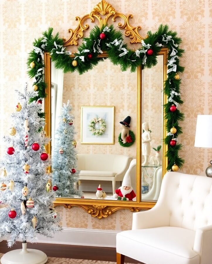 A bold vintage holiday display featuring glamorous ornaments, rich colors, and shiny metallic accents for a festive look.