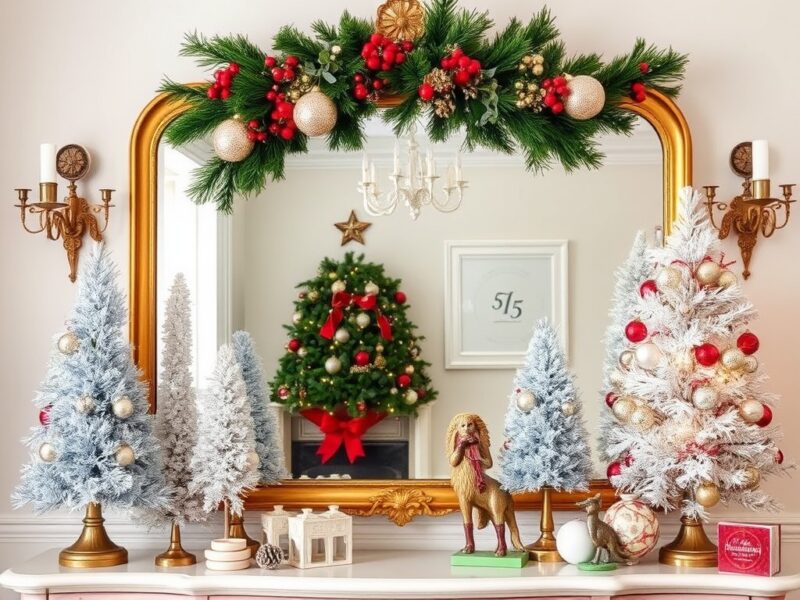 A striking holiday display showcasing bold vintage glam decorations, with shiny ornaments, luxurious textures, and vibrant colors for a festive, glamorous look.