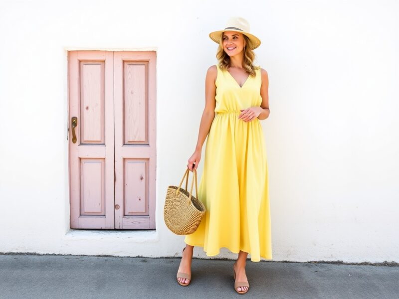 A lady dressed in a charming butter-yellow dress with a retro-inspired flair, featuring a flared skirt, cinched waist, and delicate details that exude classic glamour and a cheerful 'dress to impress' vibe.