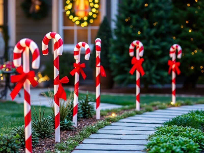 Colorful candy cane path markers lining a walkway, adding a fun and festive touch to outdoor Christmas decorations.