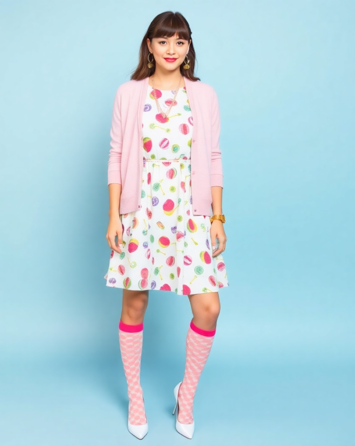 a lady dressed in a whimsical Candy Land Dreams Decora look, featuring pastel colors, candy-inspired accessories, and playful details, creating a sweet and enchanting aesthetic.