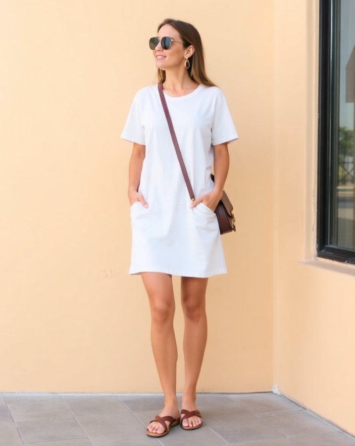 A lady dressed in a stylish and comfortable Acubi T-shirt dress, perfect for effortless casual cool.