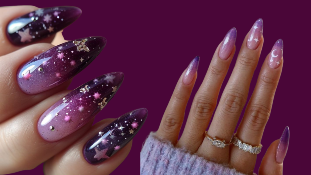 
Dreamy celestial French tip nails with delicate stars, moons, and sparkles.