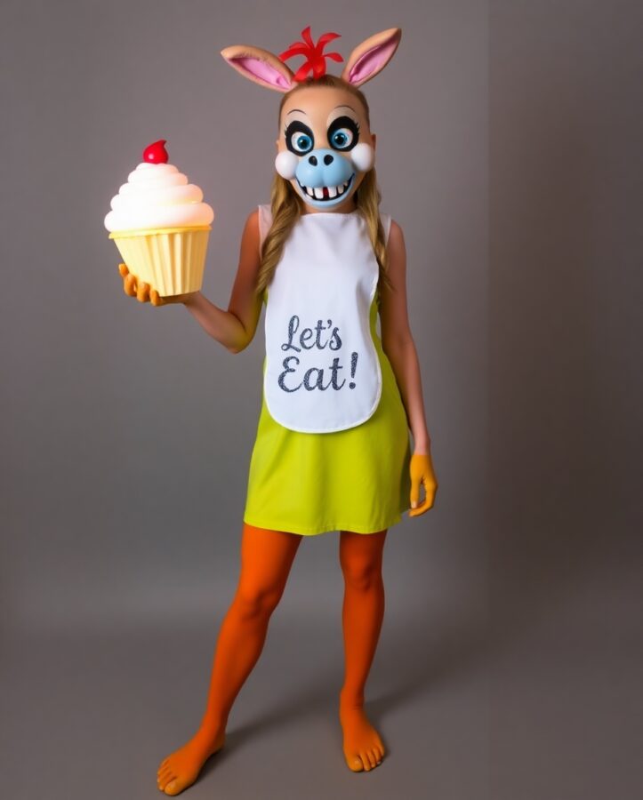 A person dressed as Chica the Chicken, showcasing a chic and stylish interpretation of the classic FNAF character.