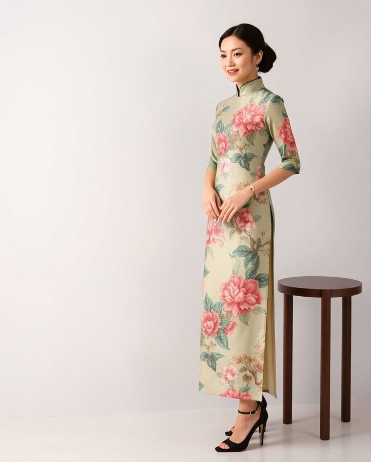 A woman wearing a flowing, form-fitting Chinese Qipao, a traditional one-piece dress adorned with intricate embroidery and slits on the sides.