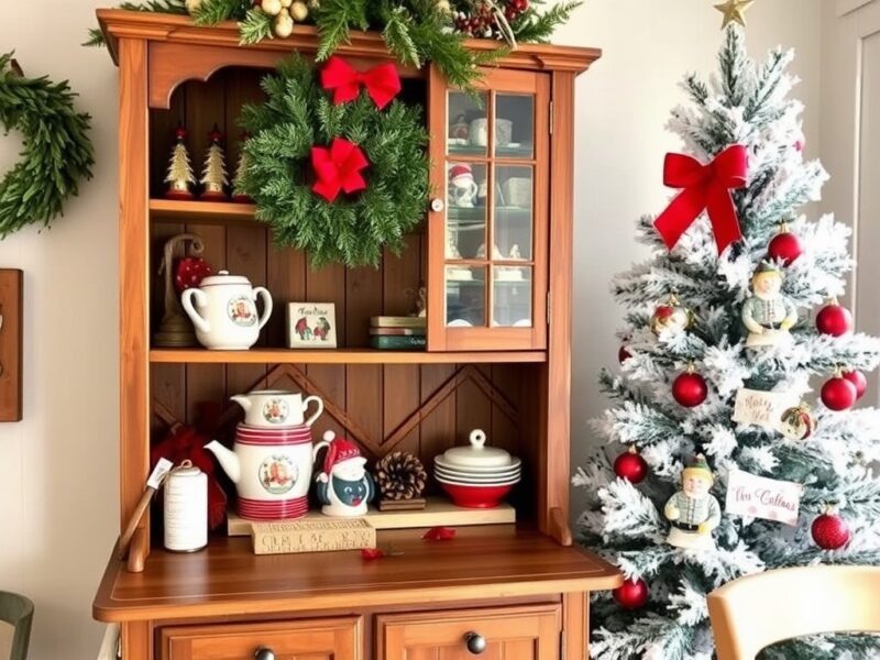 A cozy vintage Christmas hutch filled with holiday-themed dishes, nostalgic ornaments, and festive decor, creating a charming, welcoming display.