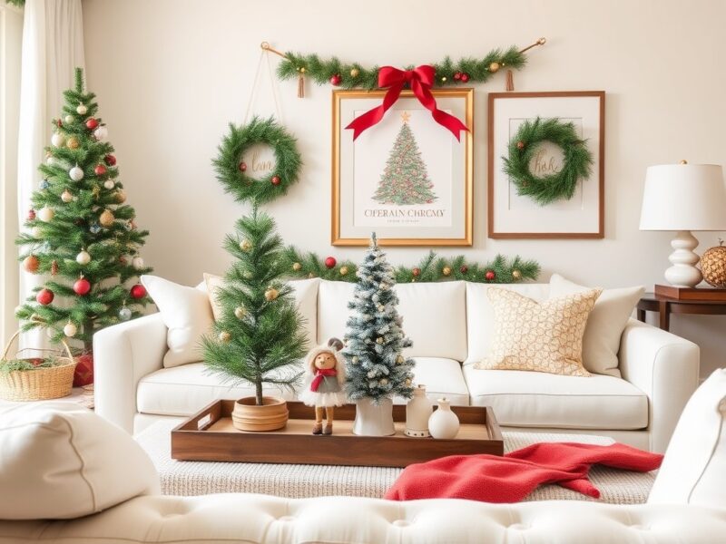 A minimalist vintage Christmas living room featuring a simple tree, soft lighting, and classic holiday decor in neutral tones.