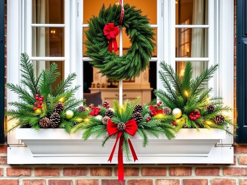 Christmas window boxes filled with greenery, red berries, and twinkling lights, creating a festive holiday display on a home's windows.