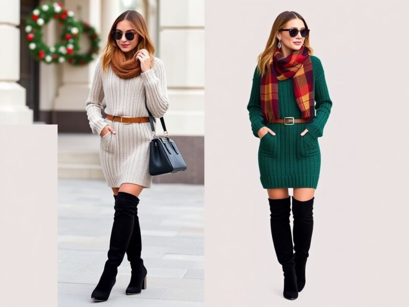 Chunky Knit Sweater Dress with Over-the-Knee Boots