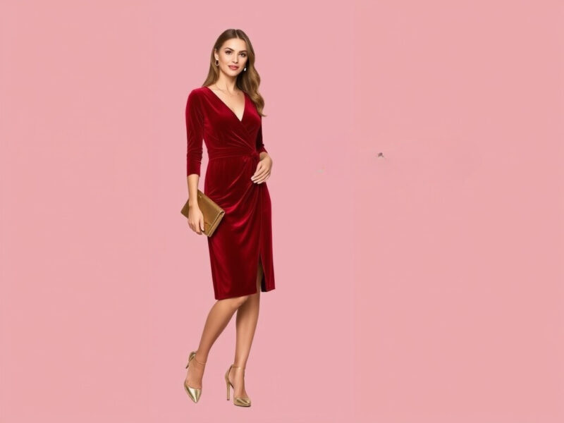 Chic red velvet dress perfect for holiday celebrations and Christmas events.