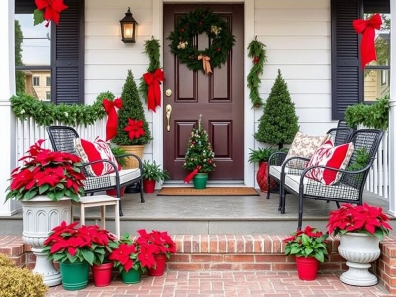 A festive front porch decorated with classic red and green accents, featuring wreaths, ribbons, and potted plants for a traditional Christmas look.