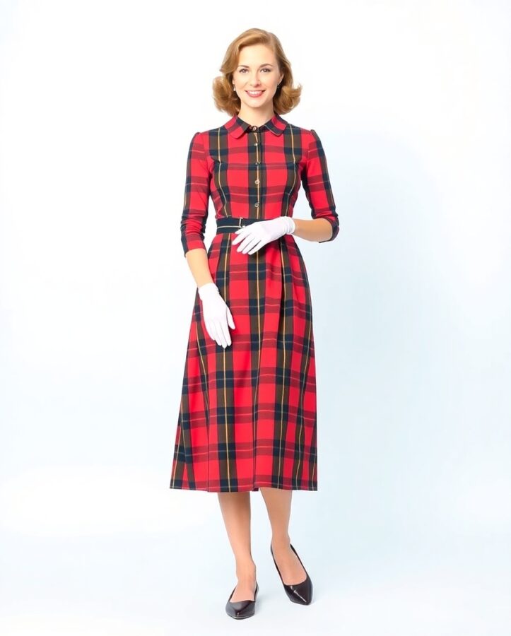 A lady dressed in a vibrant colorful plaid dress with a retro-inspired design, featuring a fitted waist, flared skirt, and bold patterns that create a playful yet elegant 'dress to impress' statement.