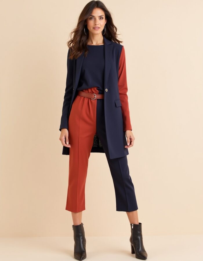 Vibrant and stylish outfit featuring bold color-blocking, perfect for a confident and modern look.